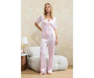 WOVCOR 2-Piece Gathered Tie Detail Satin Woven Pajama Set - Pink - 8