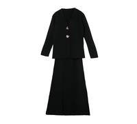 Wovcor 2-Piece Gold Button Detail V Neck Knitted Cardigan And Skirt Co-Ord In Black Black
