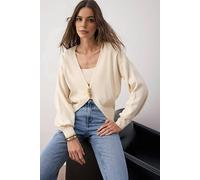 WOVCOR 2-Piece Knit Cardigan-Blouse Set with Button Detail - Stone - M