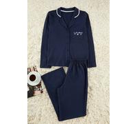Wovcor 2-Piece Knit Piping Pocket Detail Long Sleeve Pajama Set In Navy Navy