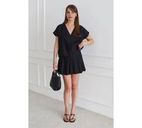 Wovcor 2-Piece Linen Blend Pleated Mini Skirt And Relaxed V Neck Blouse Set In Black Black