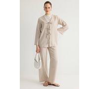 Wovcor 2-Piece Linen Look Tie Detail Top And Wide Leg Trouser Co-Ord Set In Beige Beige