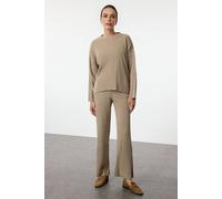 Wovcor 2-Piece Loose Fit Basic Ribbed Knit Top & Pants Set In Beige Beige S