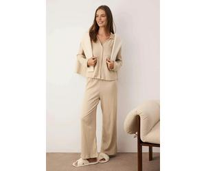 WOVCOR 2-Piece Pocket Shirt Collar Crinkle Textured Knitted Pajama Set - Stone - M