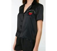 WOVCOR 2-Piece Woven Satin Pajama Set with Strawberry and Slogan Embroidery - Black - 10