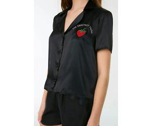 WOVCOR 2-Piece Woven Satin Pajama Set with Strawberry and Slogan Embroidery - Black - 8