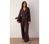 Wovcor 2 Piece Woven Soft Textured Blouse And Wide Leg Trousers Set In Dark Brown Dark Brown