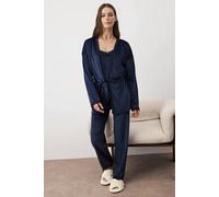 WOVCOR 3-Piece Bridal Set with Lace Details, Velvet Knitted Robe + Pajama Set - Navy - S