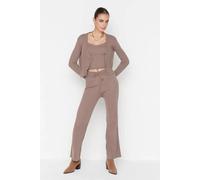 Wovcor 3-Piece Knit Cardigan, Top & Pants Set In Taupe Taupe