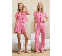 WOVCOR 3-Piece Striped Ribbon Detail Knitted Pajama Set - Pink - M