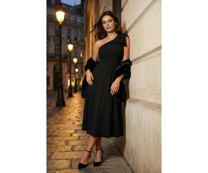 WOVCOR A-Line Elegant Woven Evening Gown with Bow Detail - Black - 6