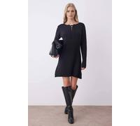 Wovcor A-Line Mini Knit Dress With Tie Front Detail In Black Black S