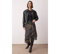Wovcor Abstract Print Ruffle Detail Knit Midi Skirt In Khaki Khaki