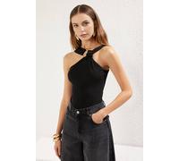 Wovcor Accessory Detail Asymmetric Neck Knit Bodysuit In Black Black 12