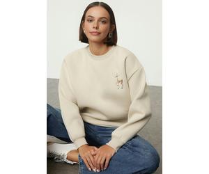 WOVCOR Animal Embroidered Thick Fleece Knit Sweatshirt - Stone - M
