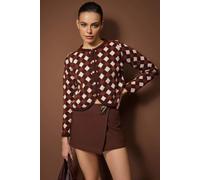 Wovcor Argyle Crew Neck Button Front Crop Knit Cardigan In Brown Brown