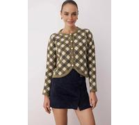 Wovcor Argyle Crew Neck Button Front Crop Knit Cardigan In Khaki Khaki M