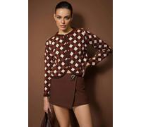 WOVCOR Argyle Patterned Crew Neck Crop Knit Cardigan - Brown - S
