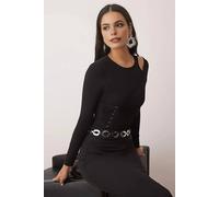 Wovcor Asymmetric Collar Hook Detail Knit Bodysuit For Parties In Black Black 8