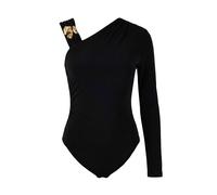 Wovcor Asymmetric Neck Accessory Detail Knit Bodysuit In Black Black 12