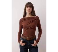 Wovcor Asymmetric Neck Drape Detail Stretch Knit Fitted Blouse In Brown Brown