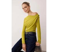 Wovcor Asymmetric Neck Drape Detail Stretch Knit Fitted Blouse In Olive Olive L