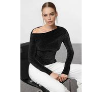 Wovcor Asymmetric Neck Glitter Knit Long Sleeve Top In Black Black