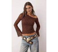 Wovcor Asymmetric Neck Lace Fitted Long Sleeve Knit Blouse In Brown Brown
