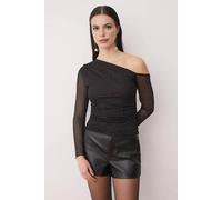 Wovcor Asymmetric One Shoulder Sparkle Stone Mesh Knit Party Blouse In Black Black