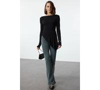 Wovcor Asymmetric Textured Knit Blouse With Soft Draped Hem In Black Black