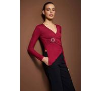 Wovcor Asymmetric Wrap Front Stretch Knit Blouse With Hardware Detail In Burgundy Burgundy L