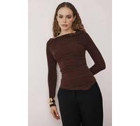 WOVCOR Asymmetrical Collar Glittery Knit Chic Party Blouse - Brown - 10
