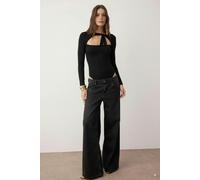 WOVCOR Asymmetrical Collar Knit Bodysuit with Tie Detail - Black - 10