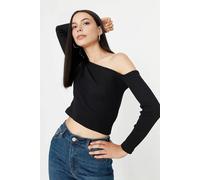 Wovcor Asymmetrical Ribbed Knit Top With One-Shoulder Drape Detail In Black Black