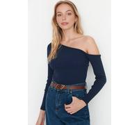 Wovcor Asymmetrical Ribbed Knit Top With One-Shoulder Drape Detail In Navy Navy
