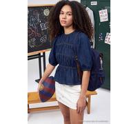 Wovcor Balloon Sleeve Stitch Detail Crew Neck Denim Blouse In Navy Navy