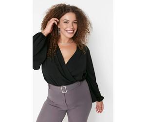 WOVCOR Balloon Sleeve Wrap Collar Knitted Blouse - Black - 5XL