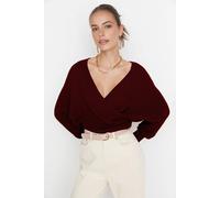 Wovcor Batwing Sleeve Wrap Front Knitted Jumper In Burgundy Burgundy