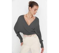 Wovcor Batwing Sleeve Wrap Front Knitted Jumper In Dark Grey Dark Grey