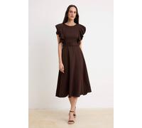 Wovcor Belted Balloon Sleeve Midi Skater Dress In Brown Brown