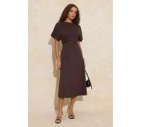 Wovcor Belted Batwing Sleeve Boat Neck Midi Dress In Brown Brown