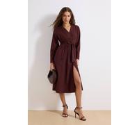 Wovcor Belted Button Front Long Sleeve V Neck Midi Shirt Dress In Brown Brown