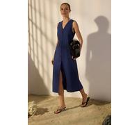 Wovcor Belted Linen Blend V Neck Midi Shirt Dress In Navy Navy