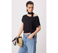 Wovcor Boat Neck Batwing Sleeve Belted Knit Blouse In Black Black