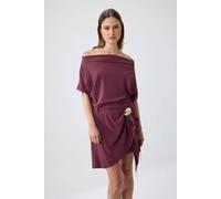 Wovcor Boat Neck Drop Sleeve Accessory Detail A-Line Mini Dress In Aubergine Aubergine