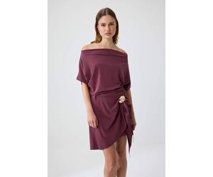 Wovcor Boat Neck Drop Sleeve Accessory Detail A-Line Mini Dress In Aubergine Aubergine