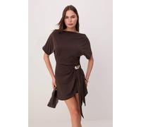Wovcor Boat Neck Drop Sleeve Accessory Detail A-Line Mini Dress In Dark Brown Dark Brown