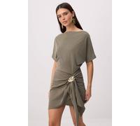 Wovcor Boat Neck Drop Sleeve Accessory Detail A-Line Mini Dress In Khaki Khaki