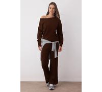 Wovcor Boat Neck Knit Sweater And Wide Leg Trousers Co-Ord Set In Brown Brown
