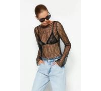 WOVCOR Boat Neck Lace Stretch Knit Blouse - Black - XL